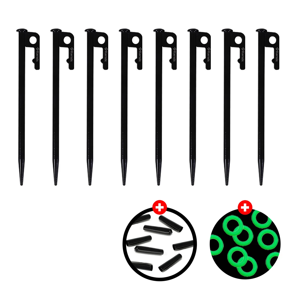 Karnik Premium Fought Pack (tapa protectora + anillo luminoso) Paquete de estacas de camping para tienda de lona de alta resistencia de 8 piezas