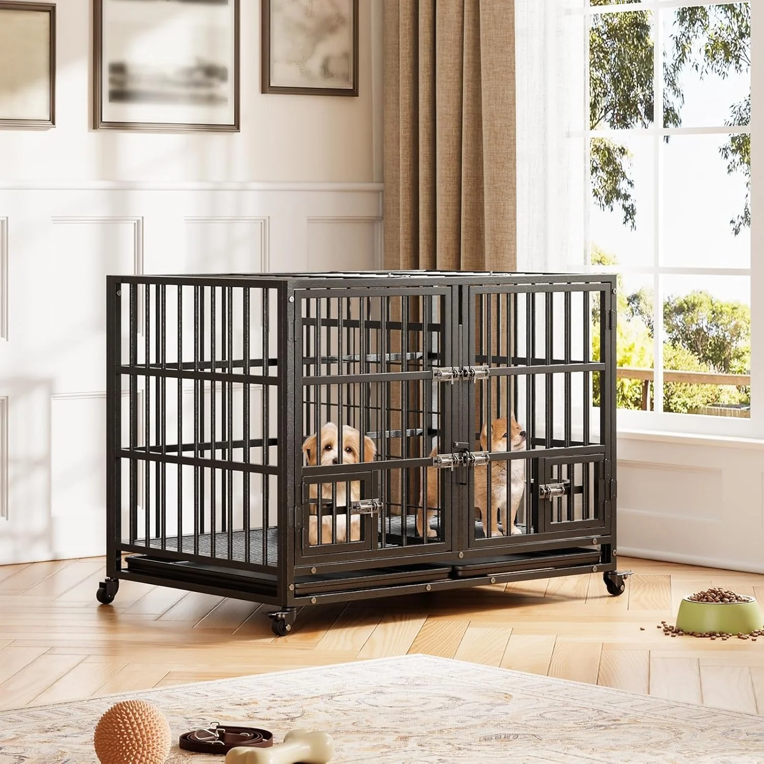 48 Zoll (122 cm) große, robuste Hundebox, großer Metallkäfig mit flexibler Trennwand, Hundebox mit 2 Türen, 2 Futternäpfen und herausnehmbarer Schale für kleine, mittlere und große Haustiere