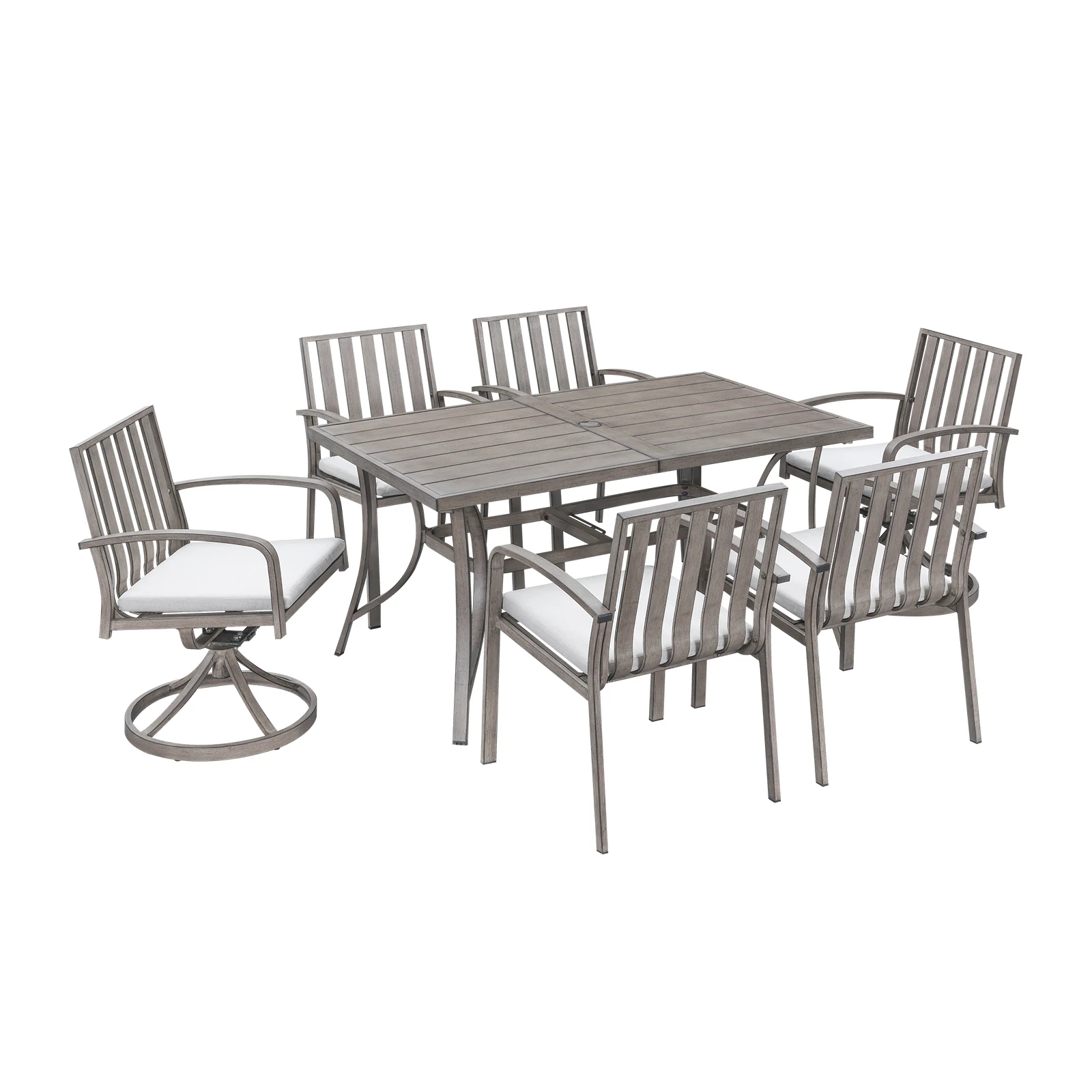 

SeeHill 7-Piece Patio Dining Set, Aluminum Table with 4 Chairs and 2 Swivel Chairs, Umbrella Hole, Deck, Garden, Limed Oak
