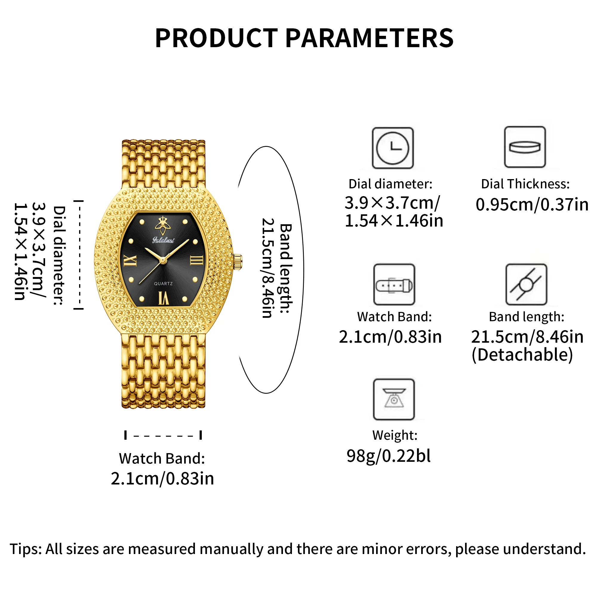 ساعة Yalalusi Brand 1 كوارتز كاجوال متعددة الاستخدامات مطلية بالذهب تتضمن صندوق هدايا وأداة ضبط الحزام وقماش تنظيف