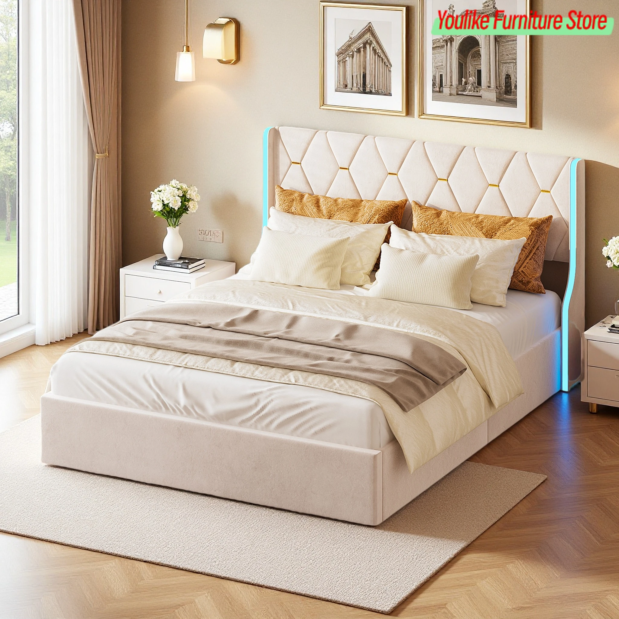 Comanlai 140x200cm Lit capitonné avec éclairage LED, Lit double avec sommier à lattes Cadre de lit à rangement hydraulique - Tissu velours