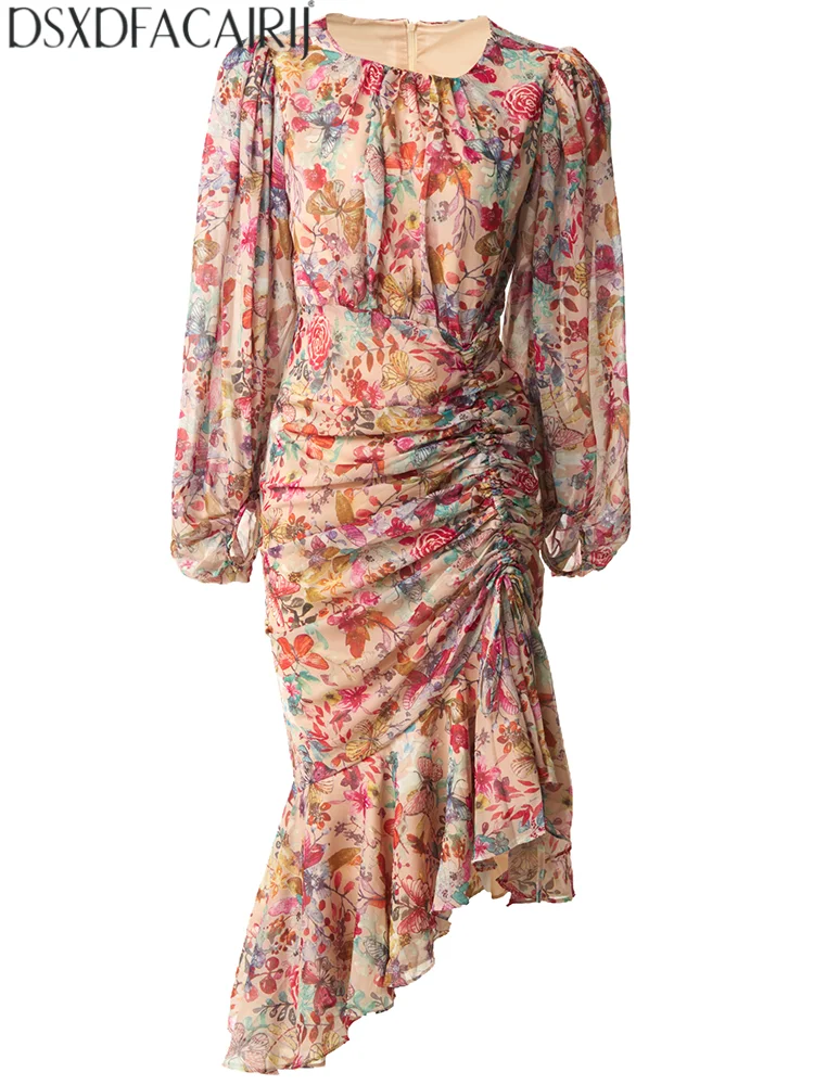 DSFACAIRIJ Women's O-Neck Lantern Sleeve Decorate Draw String Spring Summer High Street Print Dresses