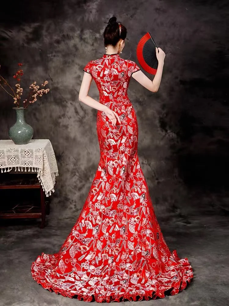 

High-end Chinese style dress fishtail red tail model catwalk cheongsam dress