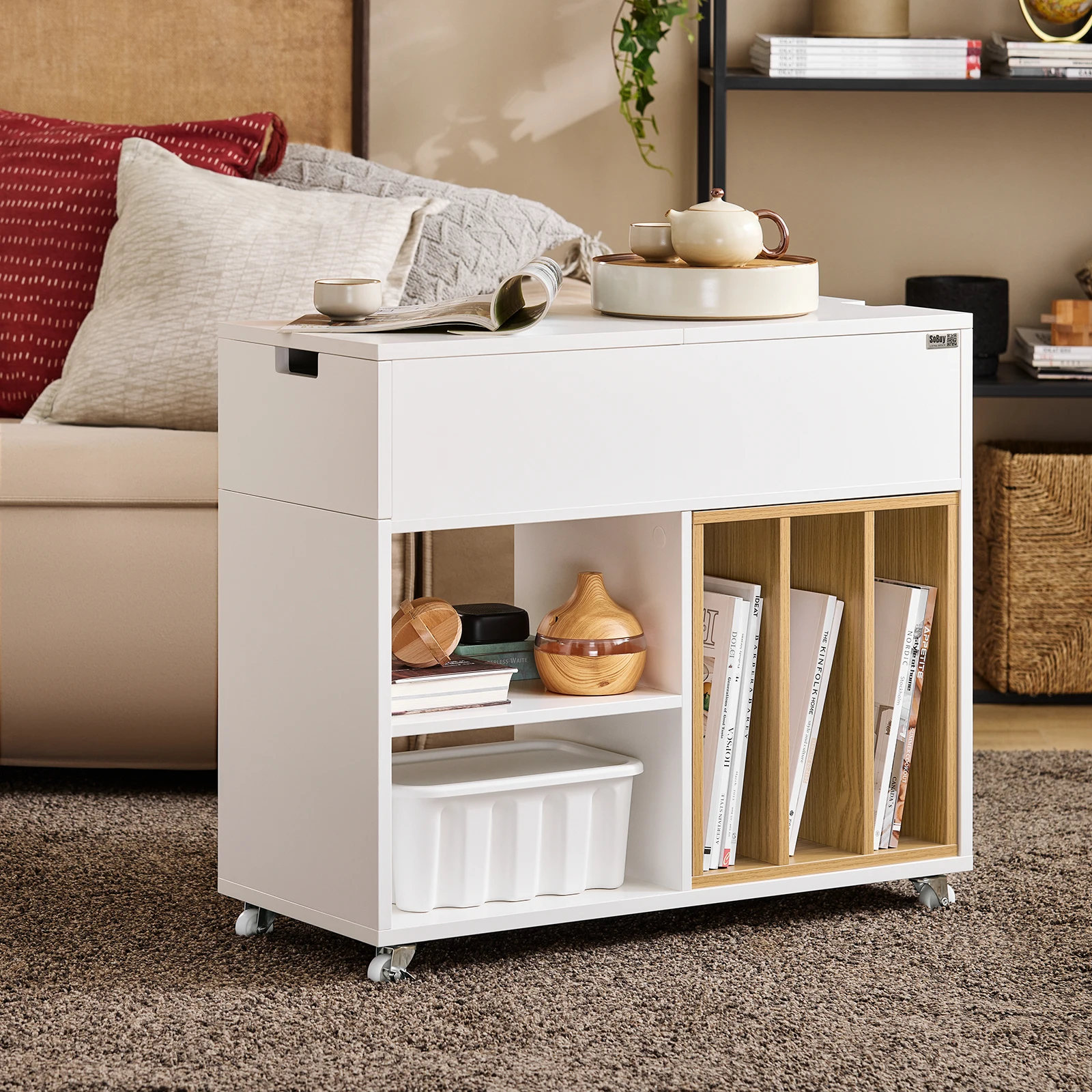 SoBuy FBT134-W archivos armario carrito de armario mesa de impresora soporte de rollo contenedor con 4 rollos armario de almacenamiento