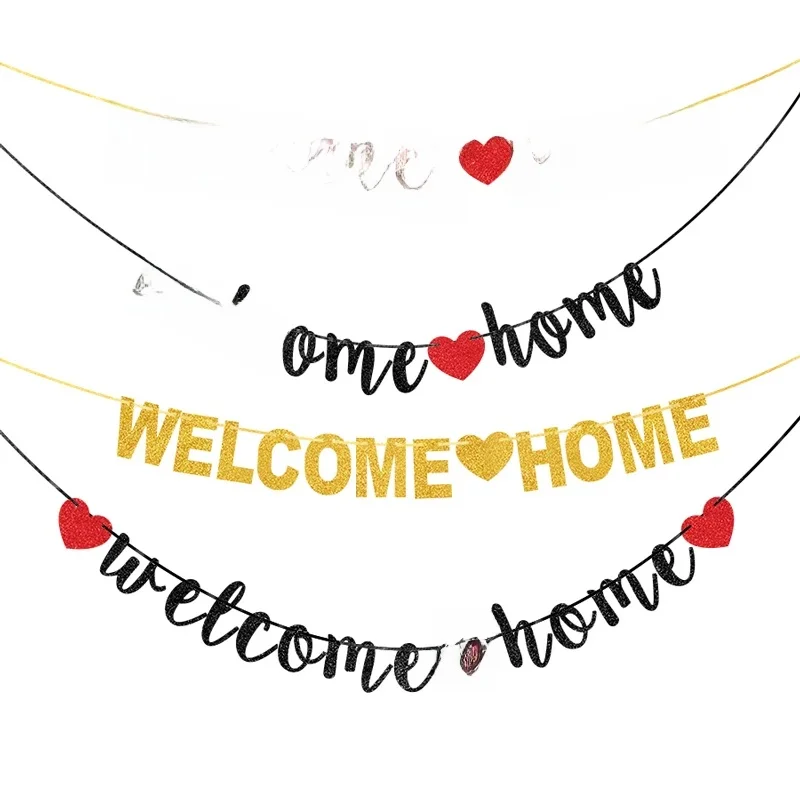Bannière de bienvenue à la maison, bannières de fête de retour, paillettes noires dorées, signe ouvertement de fête à la maison, bannière pour l'armée militaire, décor de fête