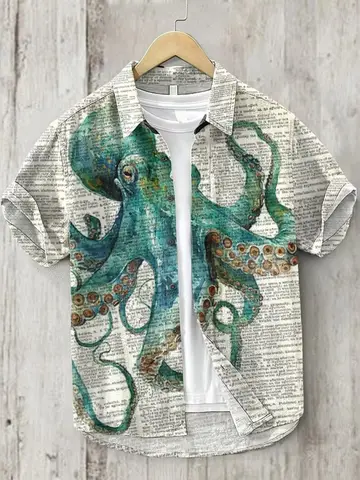 헨리 셔츠 - 남성용 신상품 반소매 캐주얼 셔츠, 일상 캐주얼웨어 상의, 문어 프린트 셔츠, 사이즈 S ~ 5XL 빠른 배송