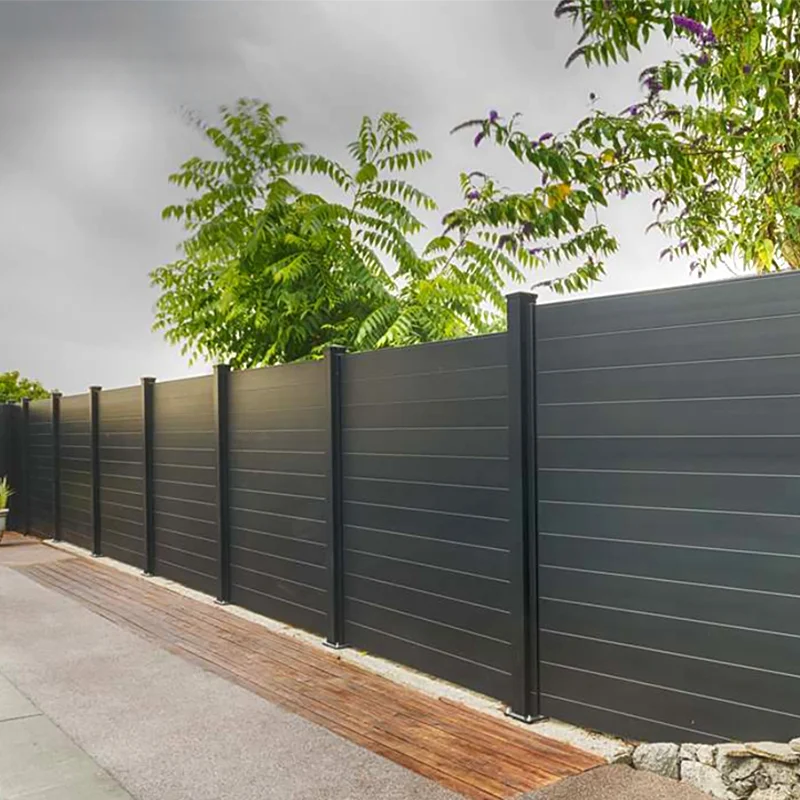 Garden Privacy Fencing House Decorative fence horizontal picket design featuring charcoal with black alum post