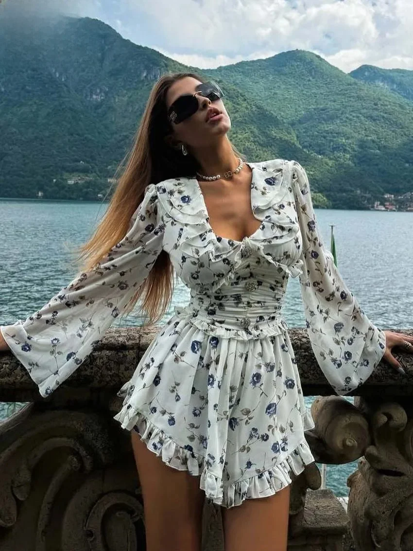 Oymimi Fashion biały nadruk damska sukienka elegancki dekolt w serek marszczone sukienki z długim rękawem jesień nowe plisowane mini sukienki z wysokim stanem — zdjęcie 2