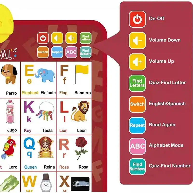 Kids' Bilingual English-Spanish Interactive Talking ABC & Number Chart Poster - Preschool Alphabet Tool, Toddler Early Education Toy with Alphabet Song & Auditory Learning Activities