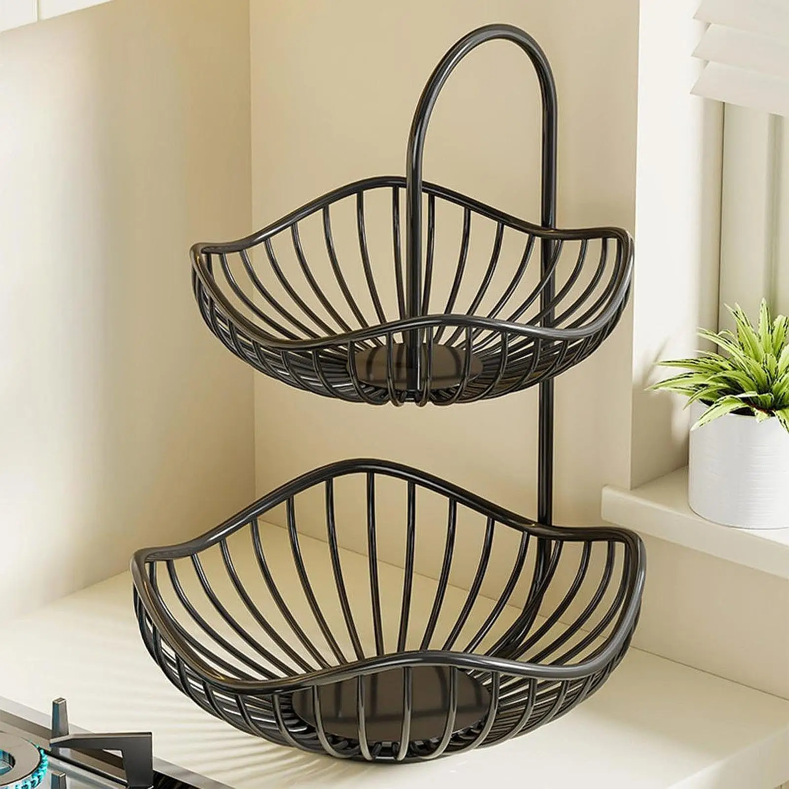 2 Tier Decorative Modern Fruit Basket Vegetable Bread Holder Fruit Storage Rack Serving Tray Home Kitchen Organizer