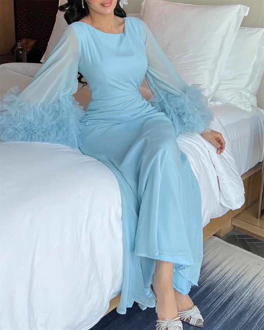 Prom Dress V Neckline Sky Blue Women 2023 New Fashion Long Sleeve Evening Gowns Formal occasion robes de cocktail