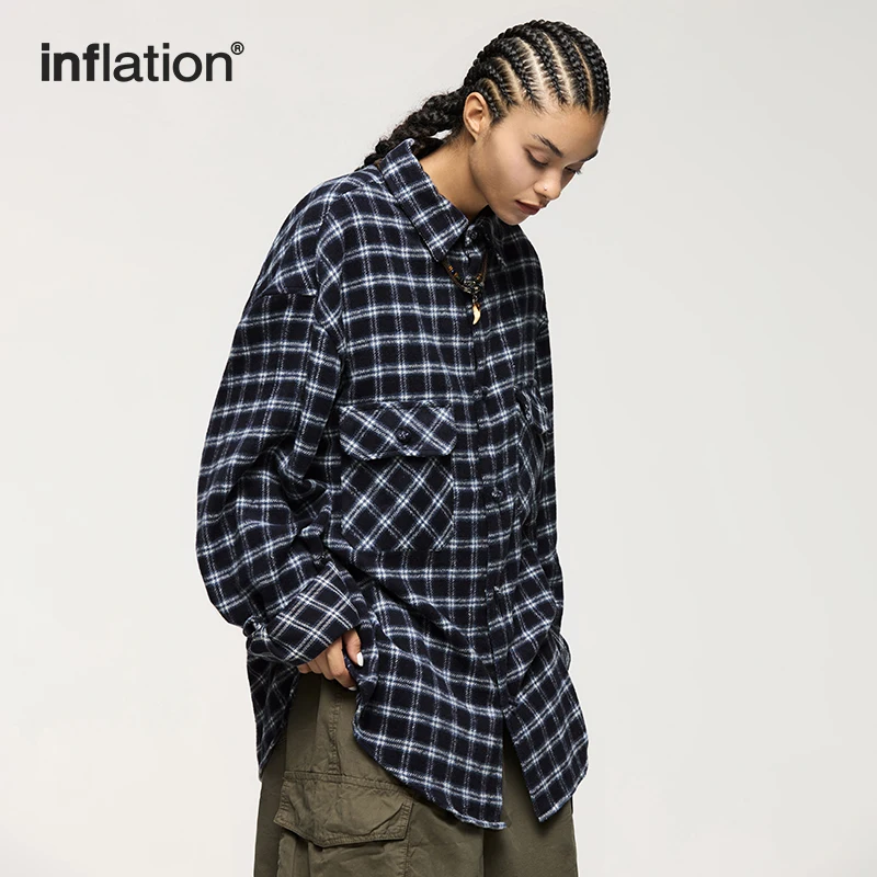 INFLATION Men's Brushed Check Shirts Trendy Button Up Overszied Plaid Shirts Male Shirts Top