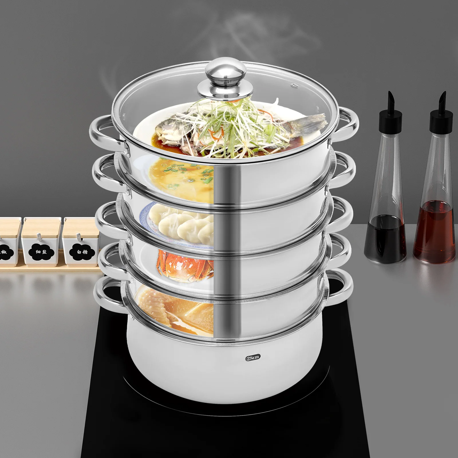 جهاز بخار من الفولاذ المقاوم للصدأ مكون من 5 طبقات، جهاز بخار متعدد الوظائف، يحتوي على كل طبقة بمقابض مستديرة مناسبة للاستخدام على مواقد مختلفة