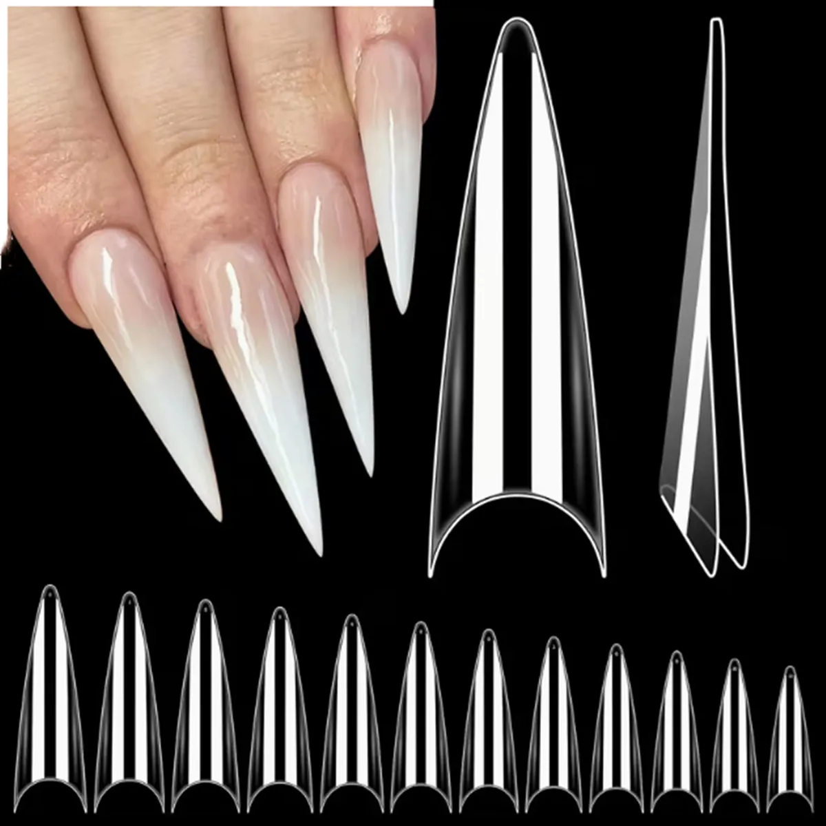 

Long Stiletto Clear Nail Tips - Acrylic Half Cover Pointed Fake Nails,Claw False Artificial Tips 500pcs 10 Sizes Nail Extension