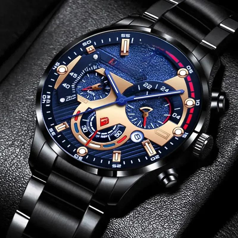 Relógio de pulso quartzo aço inoxidável masculino, Relógios de luxo, Calendário Luminous Clock, Moda