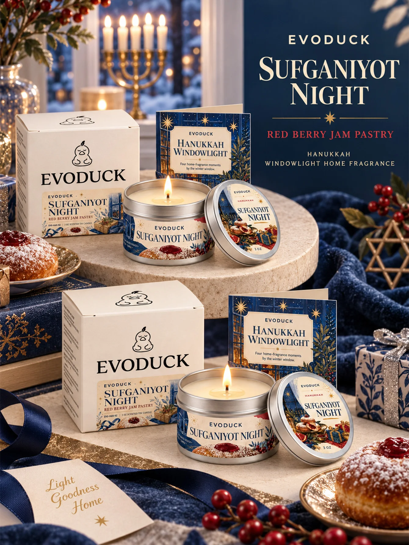 1pc Hanukkah Candle 3oz Silver Tin, Sufganiyot Berry Jam, Bergamot Tea, Cedar, Vanilla Amber Scent, Gift Box & Card, Jewish Gift