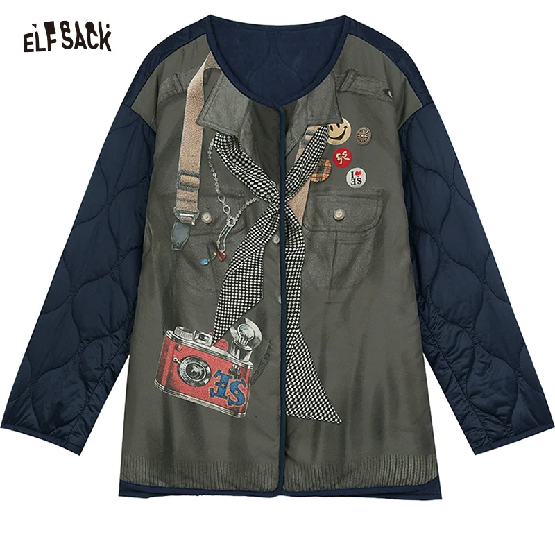 ELFSACK 2024 Autumn New Arrivals Printed loose retro mid-length casual cotton jacket for women,