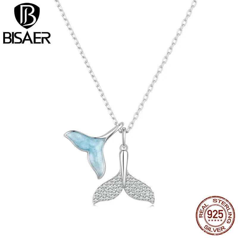 BISAER 925 Sterling Silver Blue Whale Tail Pendant Necklace Ocean Animal Chain Plated Platinum For Women Beach Party  Jewelry