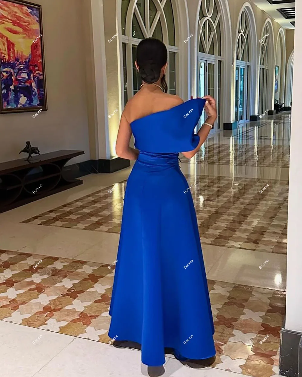 Booma A-Line Evening Dresses One Shoulder Satin Appliques Formal Occasion Gowns for Women Ankle Length Party Evening Dress