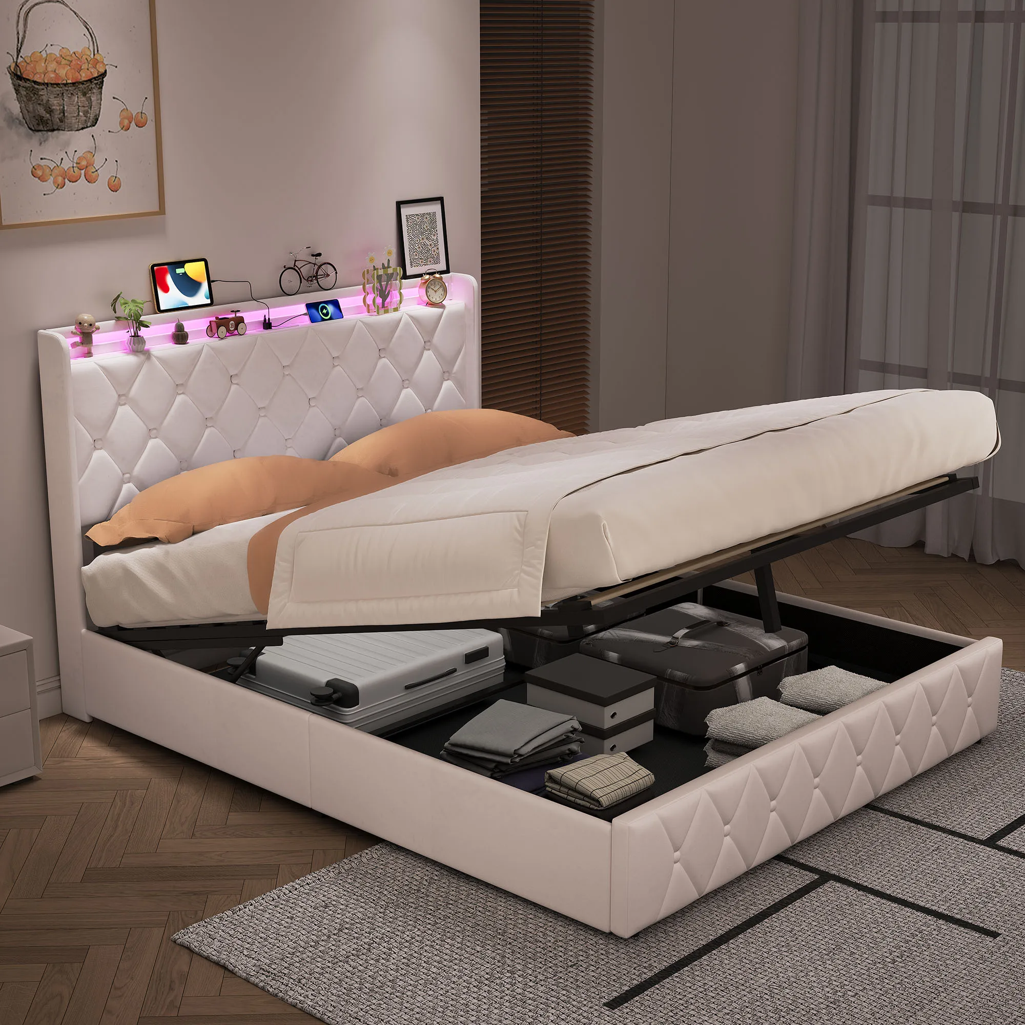 Anajqaqia Letto matrimoniale imbottito con contenitore idraulico 140 x 200 cm, testiera con ripiano aperto, mobili moderni per camera da letto, tessuto in velluto beige