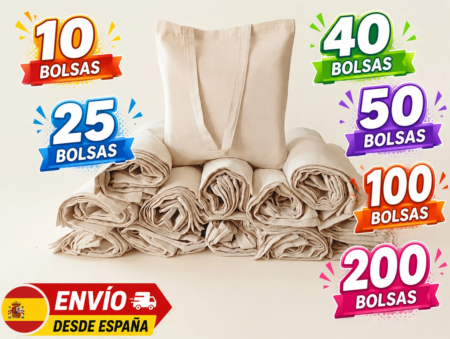 Pack 10 25 50 100 200 x Bolsa Algodón Natural 140g Reutilizable Ecológica con Asa Larga para Compra Regalos Boda Kraft y Conferencias Bolsa Tela Perso