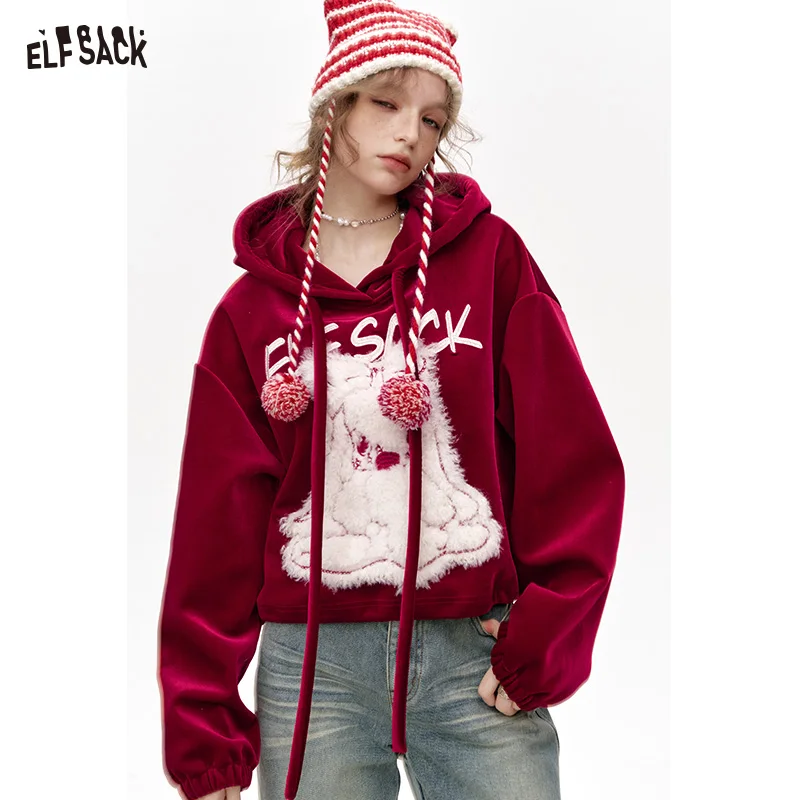 ELFSACK 2024 Winter New Arrivals Y2K New Year Red Rabbit Printed Velvet Short Hoodie for Women