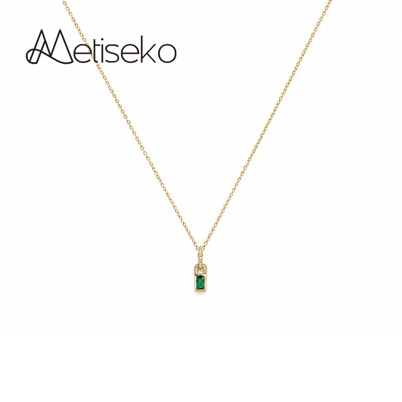 Metiseko 925 Sterling Silver 18K Gold Plated Emerald Green Zircon Lock Pendant Necklace for Women Gift