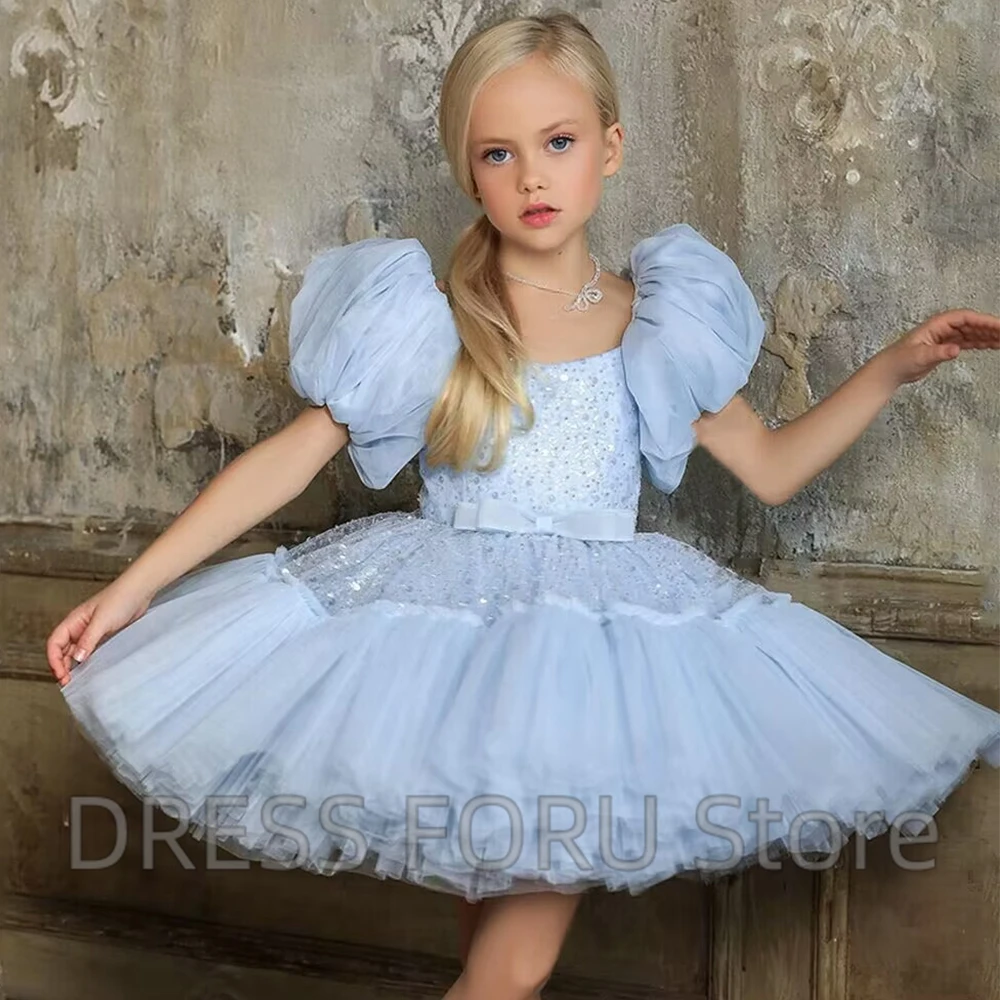 Light Blue Puffy Flower Girl Dress with Square Collar and Short Puff Sleeve Classic Tulle Mini Bow Children Pageant Gowns