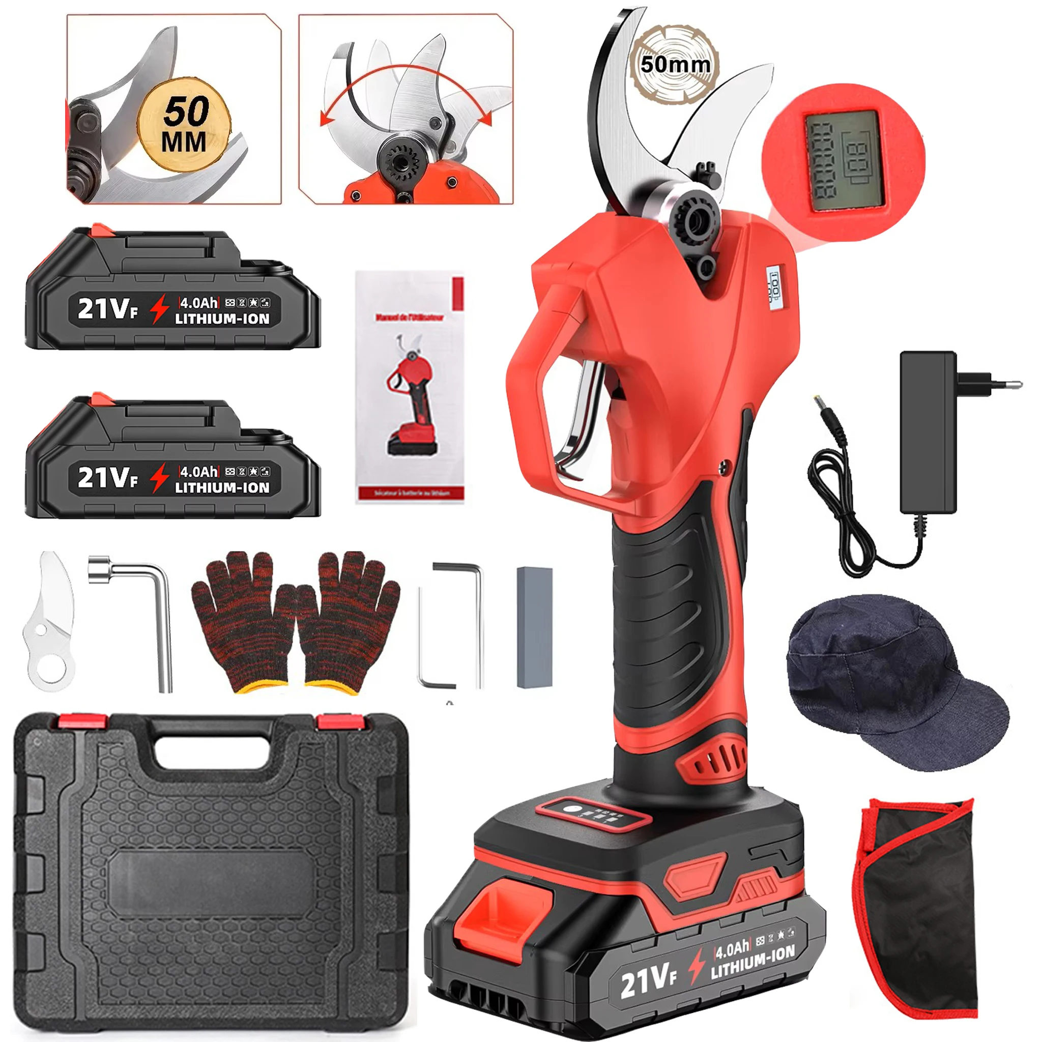 1000W borstelloze elektrische snoeischaar, 50 mm, draadloos, met LCD-display, oplaadbaar, 21V, geschikt voor Makita-accu.