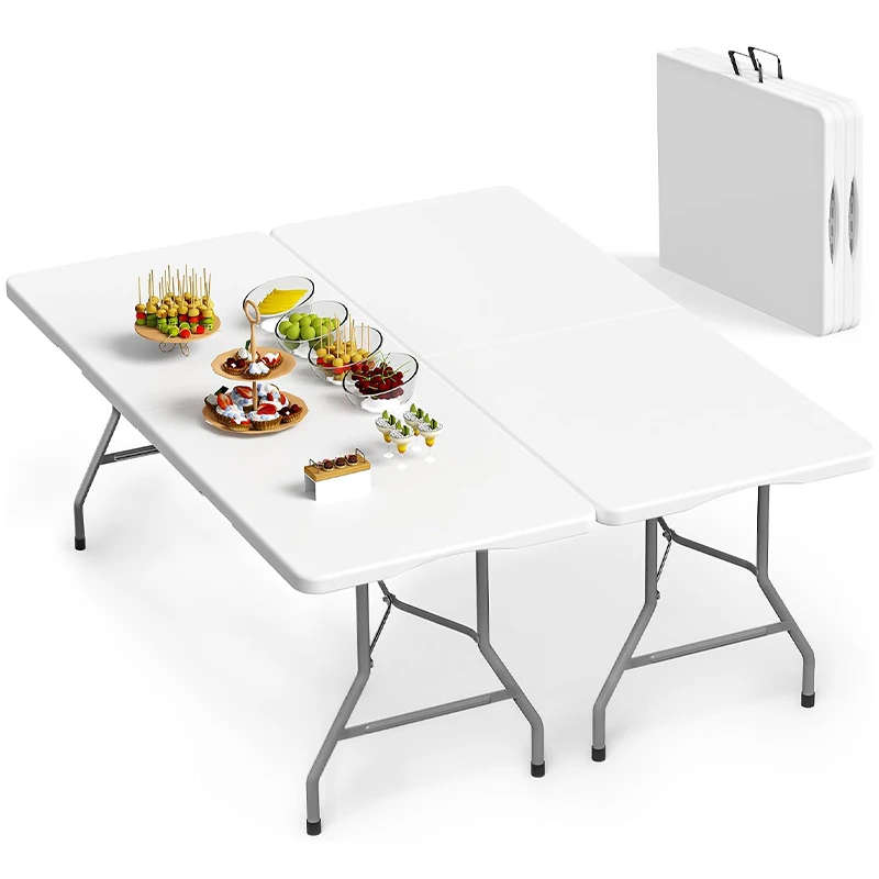 Foldable Plastic Dining Table 6 Feet, Portable White Rectangular Table with Built-in Handle, Heavy-Duty Steel Frame, Multi-Purpose Utility Table for Home, Wedding, Trade Show, Backyard Picnic & Outdoor Gathering