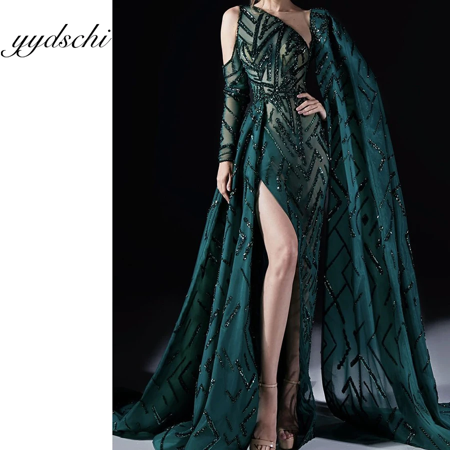 

Deep Green Prom Dress Lace Sexy V-Neck Trailing Tail Shawl Long Sleeve Floor Length Split A-Line Beading Tulle Dresses for Women