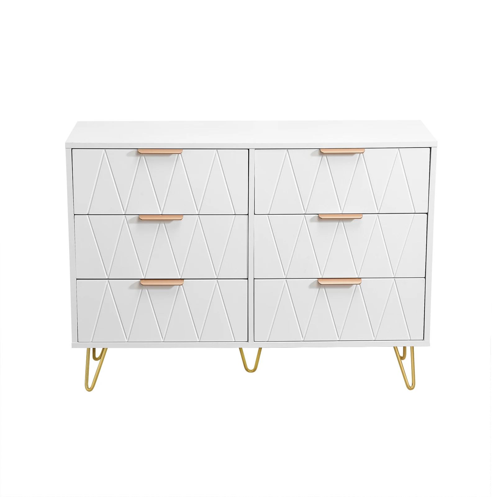 Weiße Kommode mit 6 Schubladen, 100 x 34 x 72,5 cm, mit goldenen Griffen und Metallbeinen, modernes geometrisches Design, geeignet für Schlafzimmer, Wohnzimmer, Flur und Büro.