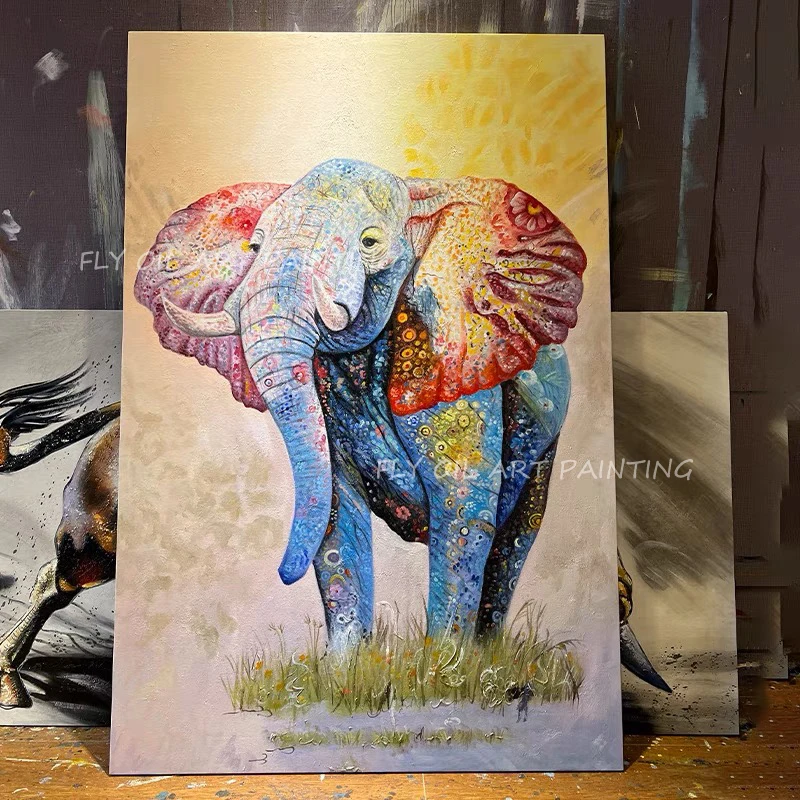 

Large size painted canvas 100% handmade colorful elephants animal oil painting no frame on canvas wall decor picture gift