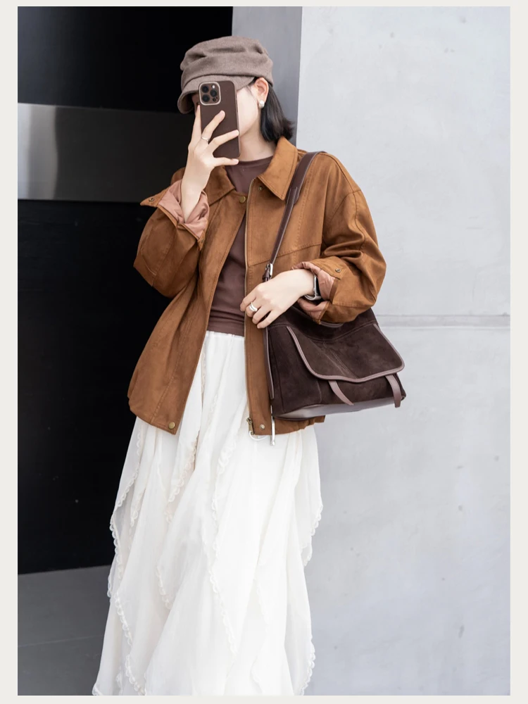 Women's Suede Leather Tote Bag Large Capacity Zipper Work Shoulder Bag Casual multi-compartment Messenger Bag Autumn Winter 2026
