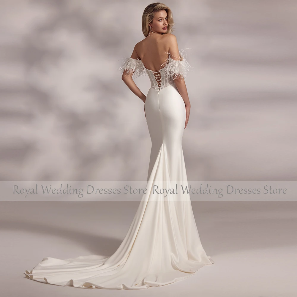 Mermaid Wedding Dress Luxury Lvory Satin Pearl Feather Ruched Engagement Trumpet Off-the-shoulder Long Wedding Gowns for Women