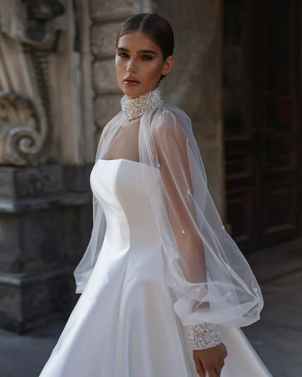 Msikoods Luxury Satin Wedding Dress with Beaded Pearls Jacket Customized Elegant Puff Sleeves A-Line Bridal Dress for Brides