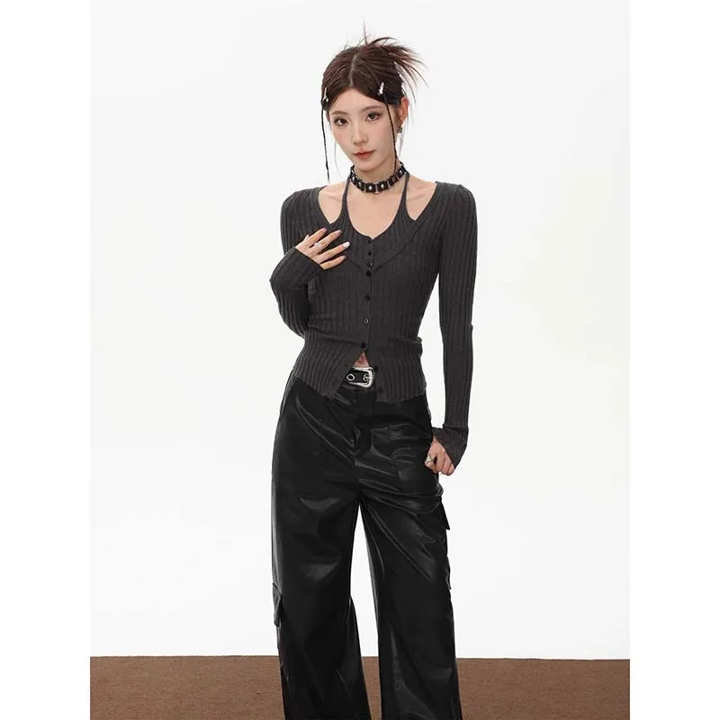 

Women Cardigan Sweaters Fake Two Piece Elegant American Vintage Long Sleeve Knitwear Fashion Slim Top Autumn New