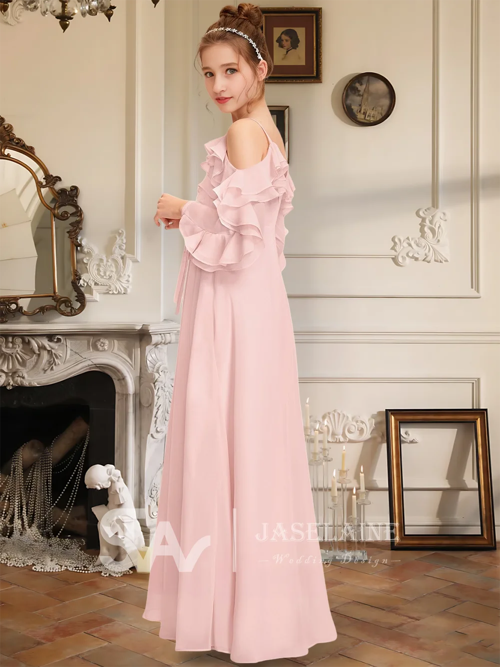 

A Elegant A-Line Cold Shoulder Floor-Length Chiffon Junior Bridesmaid Dress Flower Girl Dress Girls Party Wedding Formal Kids