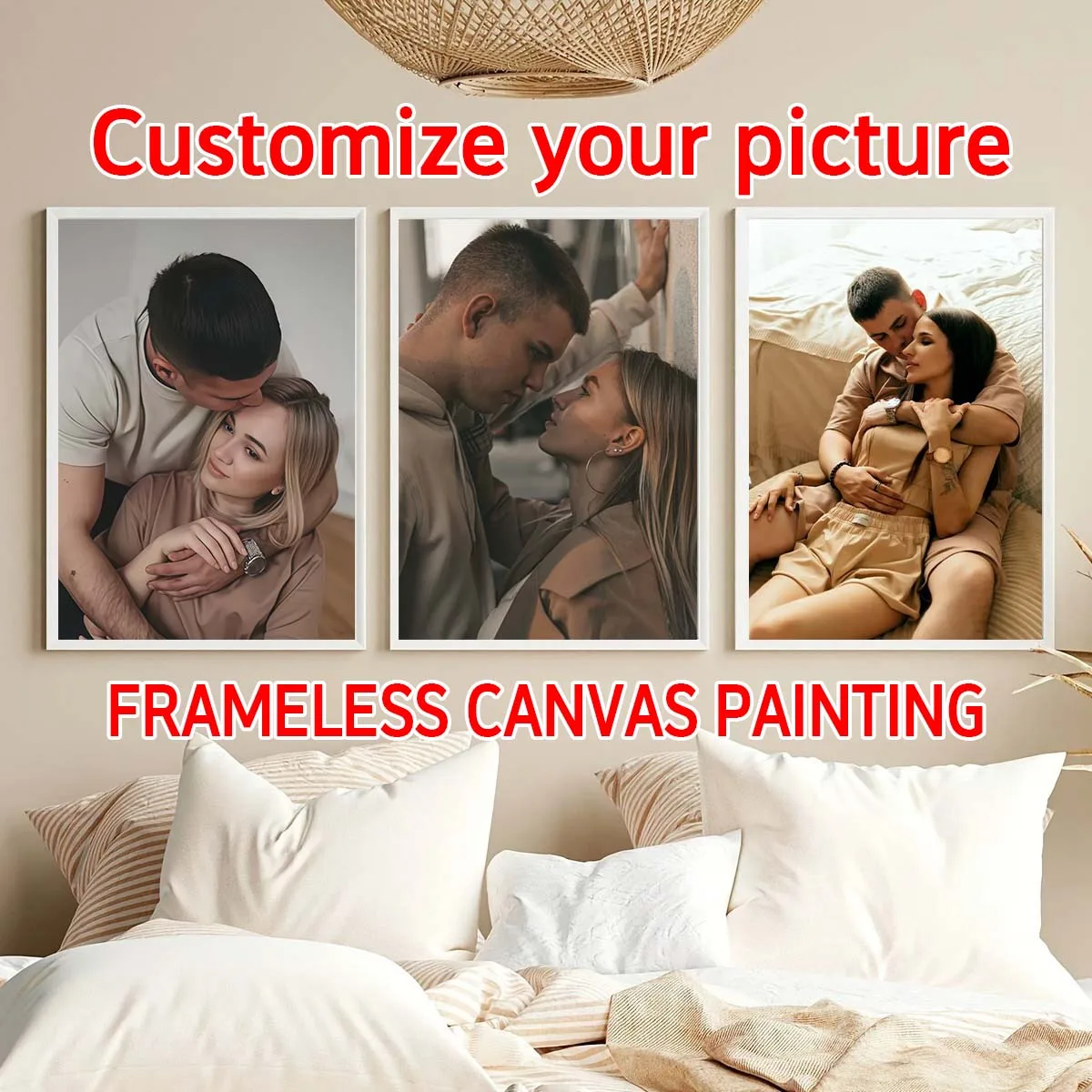 Triptych - 2D custom photo wooden frame oil painting or frameless canvas poster, personalized for home, couples, and friends