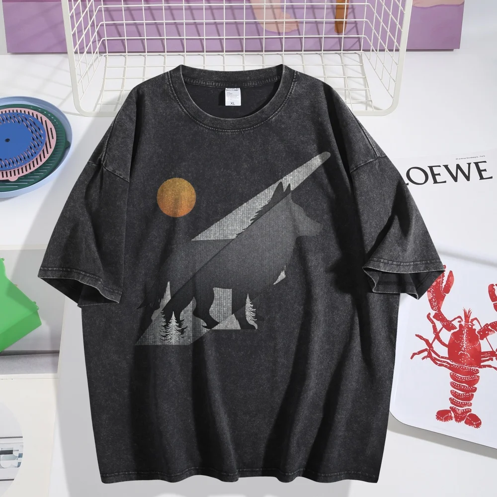 

Men's Washed Geometric Wolf Vintage Oversized TShirts Harajuku Casual Cotton Short Sleeve Tee Top Design Sense For Men's Fashion