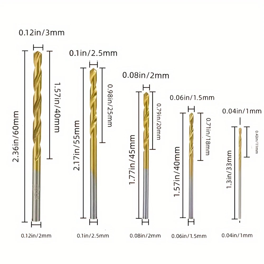 50/100pc Twist Drill Bit Set,1/1.5/2/2.5/3mm,DIY Woodwork Tools Drilling Hole,Round Shank Titanium Mini Drill Bit for Metal,Wood