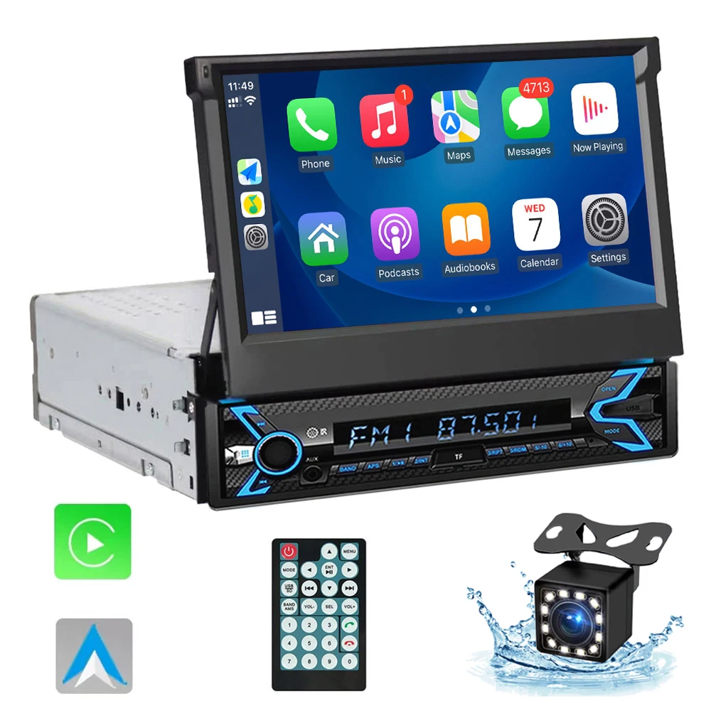 7 Inch Flip Out Car Stereo 1 Din HD Touchscreen Car Radio Receivers Support Carplay & Android Auto with Bluetooth Backup Camera