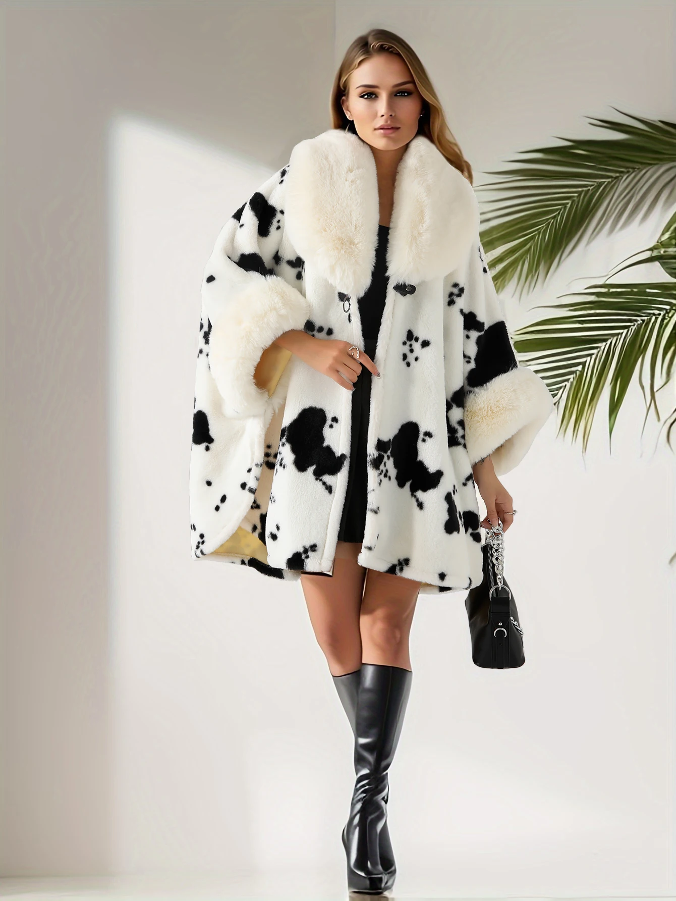 Women's Faux Fur Shawl Coat Loose Thickened Cow Spot Autumn Winter Style Fashion Outerwear