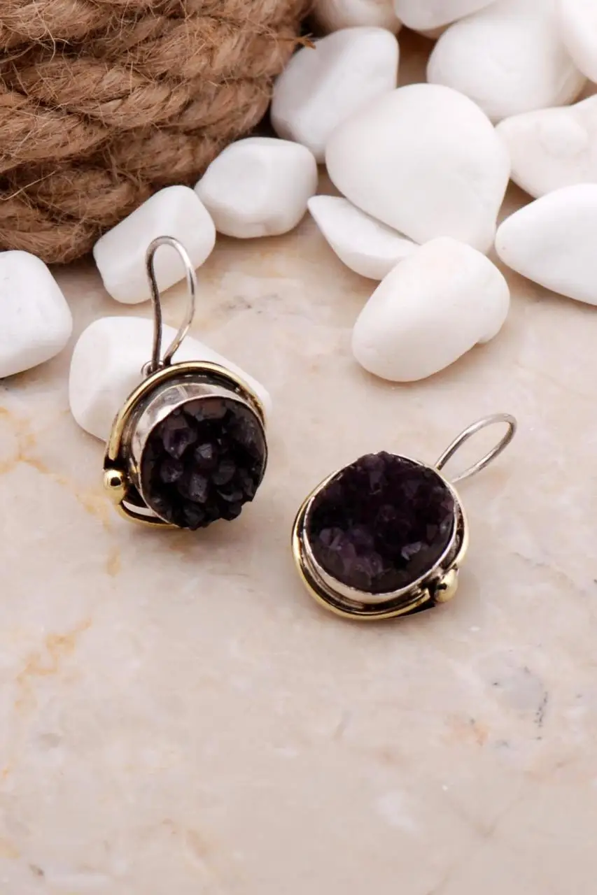 Handmade 925 Real Silver Wire Wrap Dangle Earrings Natural Amethyst Stone Drop Earrings Jewelry Gift for Her for Women