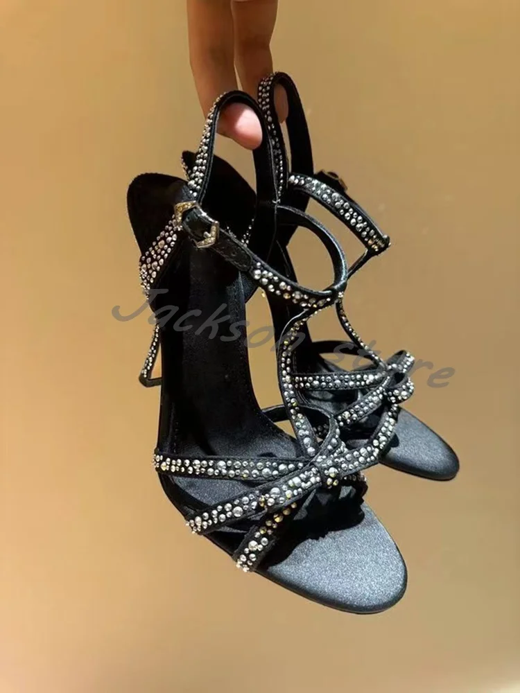 Sandalias elegantes de seda con diamantes de imitación para mujer, zapatos de tacón alto de aguja con punta redonda y hebilla, para boda y fiesta, novedad de 2024