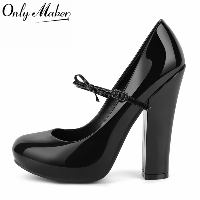 

Onlymaker Platform Patent Leather Closed Toe Bow Chunky Heel Vintage Mary Jane Pumps