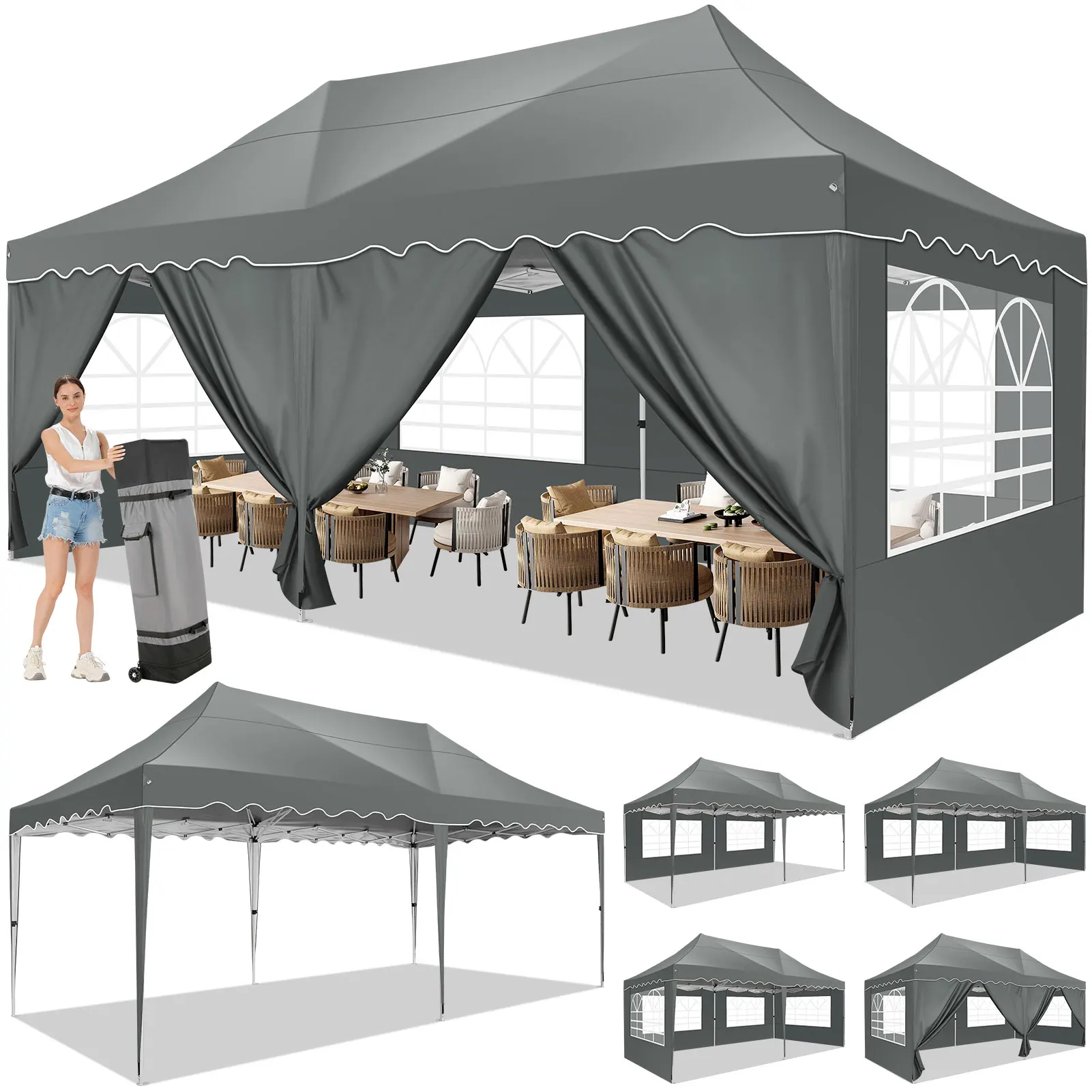 3x6m Folding Gazebo Waterproof Party Tent Anti-UV 50+ Pop Up Garden Gazebo With 6 Sidewall 4 Sandbag For Wedding Market Marquee