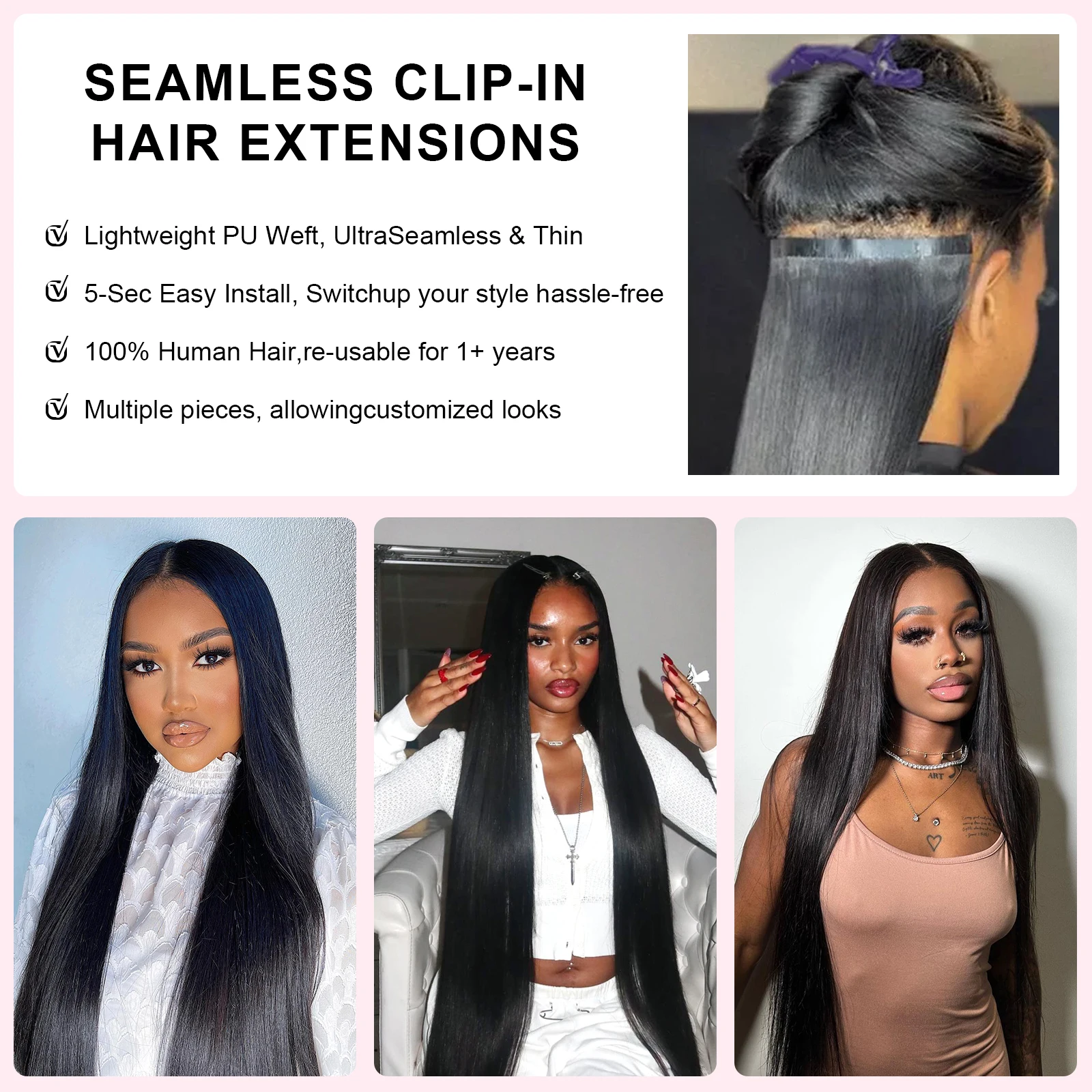 Clip dritta in PU nell'estensione dei capelli Colore nero naturale Clip di Remy brasiliana Ins Estensioni dei capelli umani al 100% 120G 9 pezzi Capelli veri