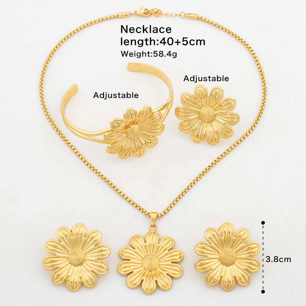 Women\'s Fashion Earrings Necklace Flower Shape 18K Gold Plated Jewelry Set French Ins Bracelet Ring Romantic Jewelry Party Gifts