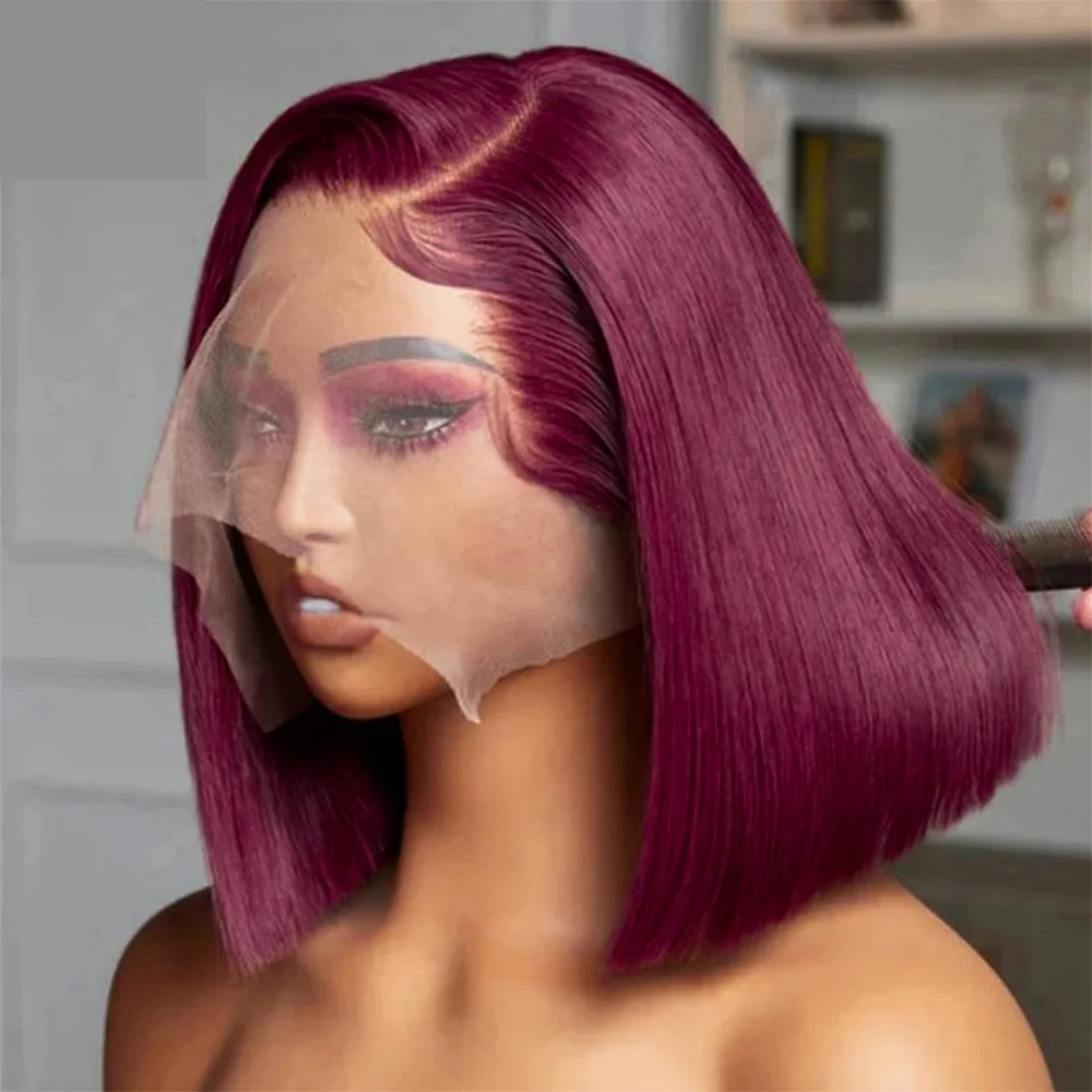 99j Burgundy Lace Front Wigs Human Hair Bob Wig Human Hair 13x4 Lace Front Wigs Pre Plucked 200% Density Straight Bob Wig Natural Hairline Wine Red Wigs